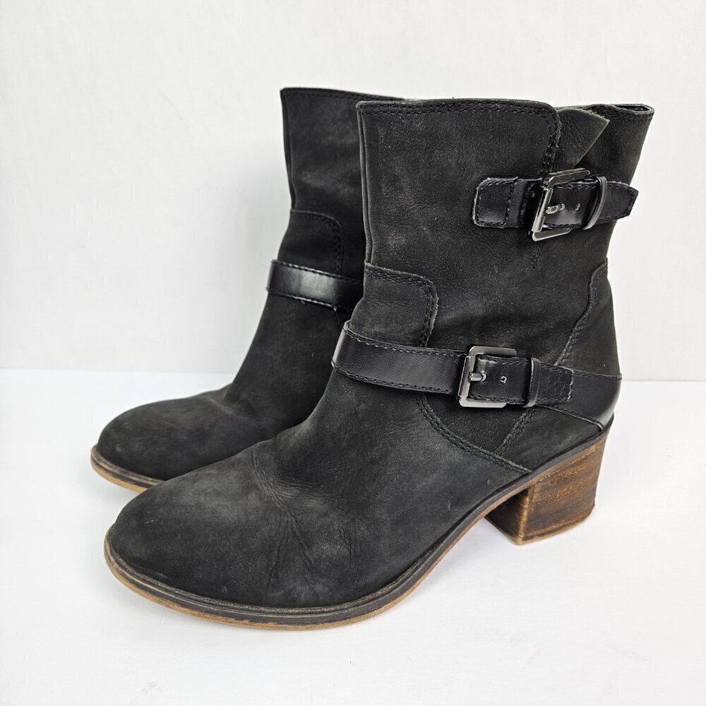 Franco Sarto Larisa 2 Black Nubuck Leather Moto Buckle Heeled Ankle Boot 8.5 - Picture 6 of 10